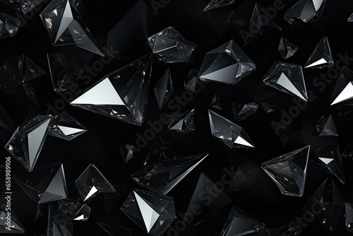 abstract 3d rendering of polygonal crystal in black background, Black gray background with crystals, triangles. 3d illustration, AI Generated