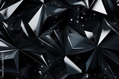 Abstract 3d rendering of chaotic polygonal shape. Futuristic background with polygonal shape, Black gray background with crystals, triangles. 3d illustration, AI Generated