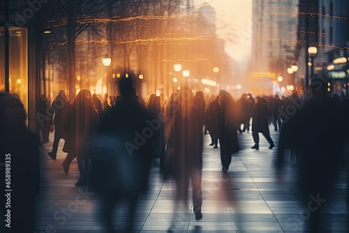 Crowd of people walking in the city at night, motion blur, Blurred crowd of unrecognizable at the street, AI Generated