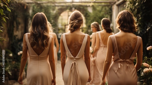 Witness a tender moment as a bridal party, adorned in elegant dresses and suits, navigates through a lush, enchanting garden.