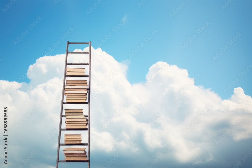 Ladder with books on blue sky background. Education and knowledge concept, book stack with ladder on sky with clouds backgrou