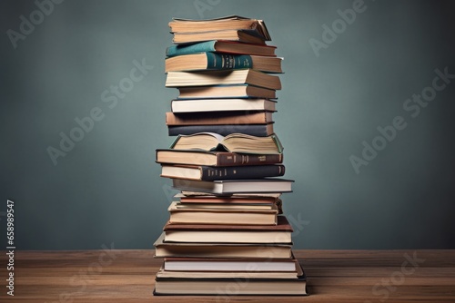 Stack of books on wooden table. Education background. Back to school, book stack with graduation head on top of the books with lots of empty space, AI Generated