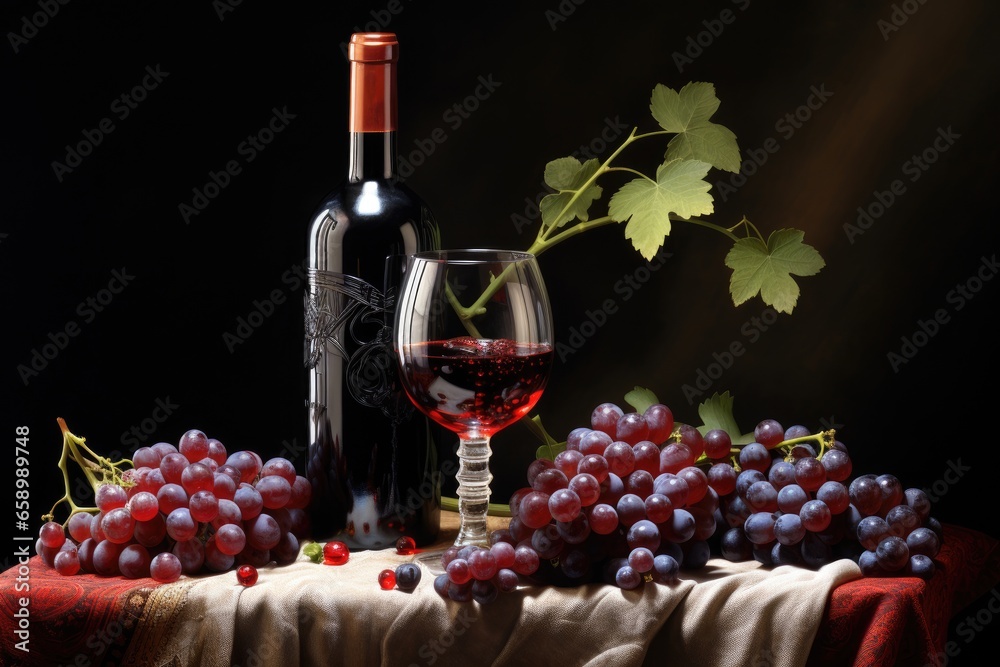 bottle and glass of red wine with grapes on a dark background, bottle with red wine and glass and grapes, AI Generated