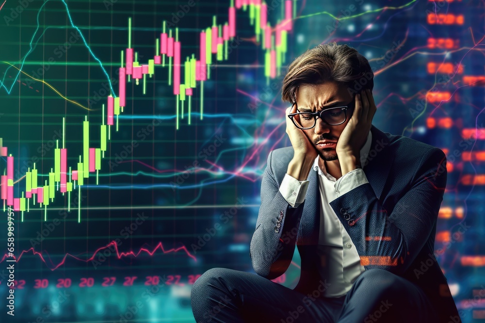 Thoughtful young businessman sitting on chair with forex chart on background. Stock market concept. Double exposure Thoughtful young businessman sitting on chair with forex chart on background. Stock market concept. Double exposure