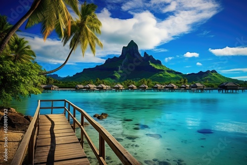 Tropical island with water bungalows and palm trees. Bora Bora Island  French Polynesia  AI Generated