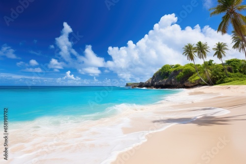 Beautiful beach at Seychelles, Praslin island, Bottom Bay, Barbados - Paradise beach on the Caribbean island of Barbados, AI Generated