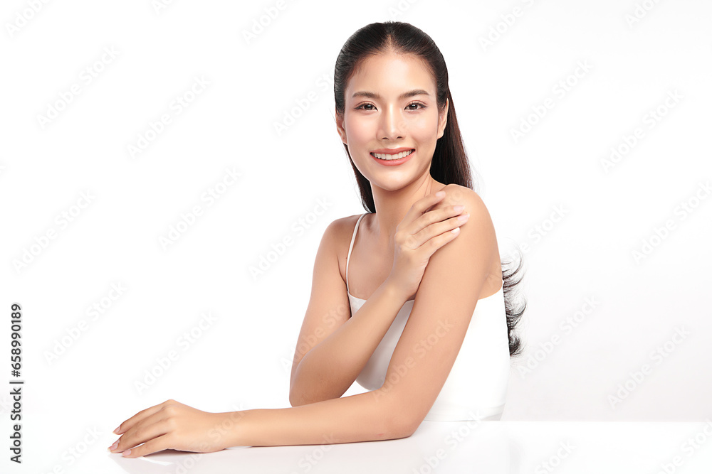 Beautiful young asian woman with clean fresh skin on white background, Face care, Facial treatment, Cosmetology, beauty and spa, Asian women portrait.