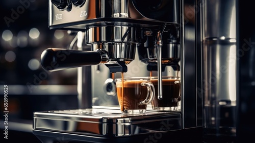 Coffee machine making espresso in cafe, closeup. Professional coffee brewing process