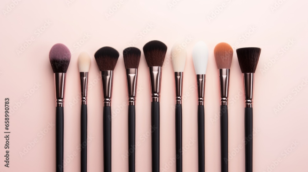 Makeup brushes at table top view - obrazy, fototapety, plakaty 