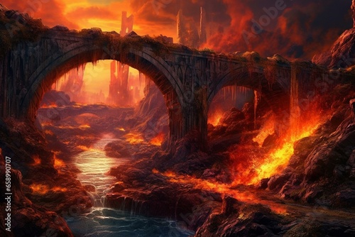 Impressive relic, ancient bridge surrounded by fiery inferno, depicted in 3D. Colorful lava residue. Generative AI