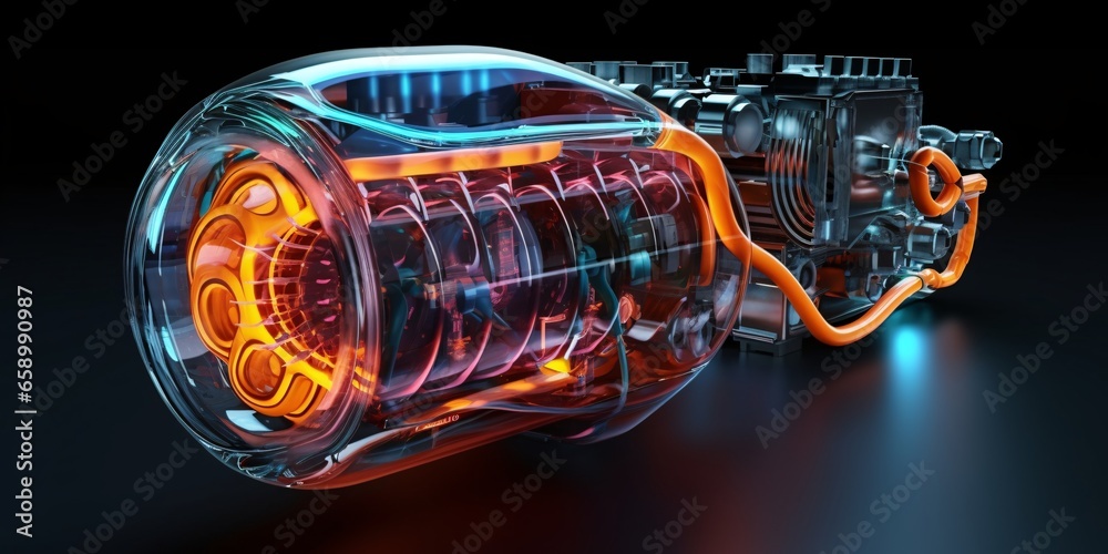 Close-up of the futuristic iron engine. 3D rendering