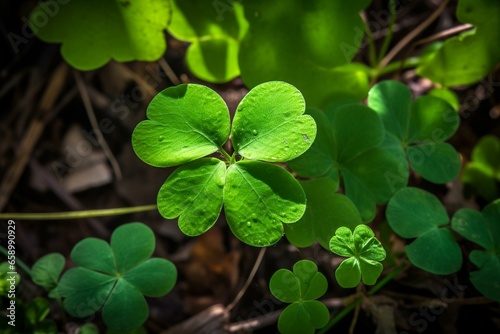 Green clover, St. Patrick's Day luck, nature, Ireland symbol, leprechaun, fairy fantasy. Generative AI