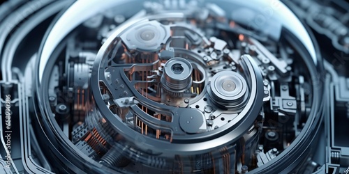 Close-up of the futuristic iron engine. 3D rendering