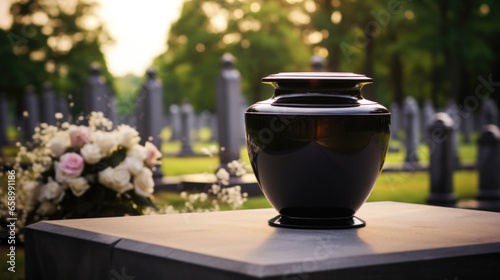Black memorial urn with cremated remains, a token of farewell at a funeral. photo
