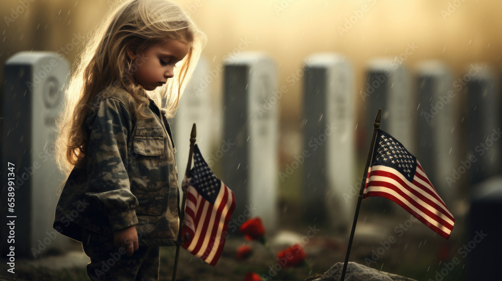 Young girl pays tribute on Memorial Day, honoring the sacrifices of our heroes. - obrazy, fototapety, plakaty 