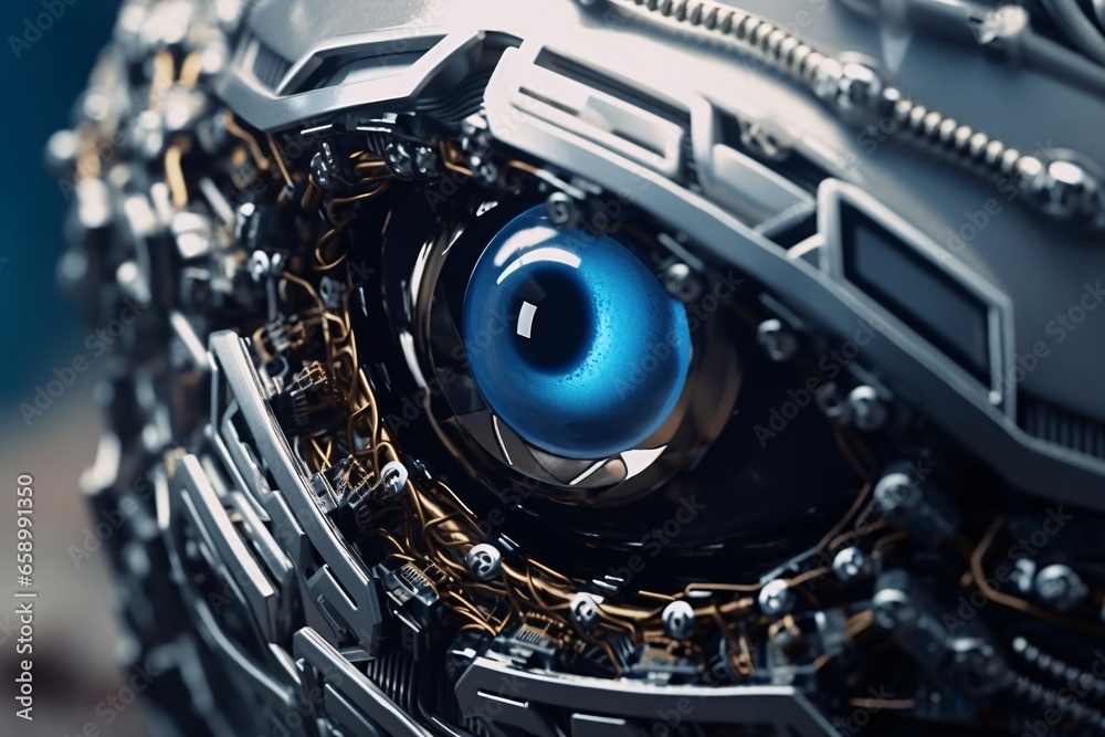 Fototapeta premium 3D rendering of a robot's eye in a futuristic space. Close-up view of futuristic robot eye. Bionic prosthetic eye. Cybernetic technologies in prosthetics. 3D Rendering.