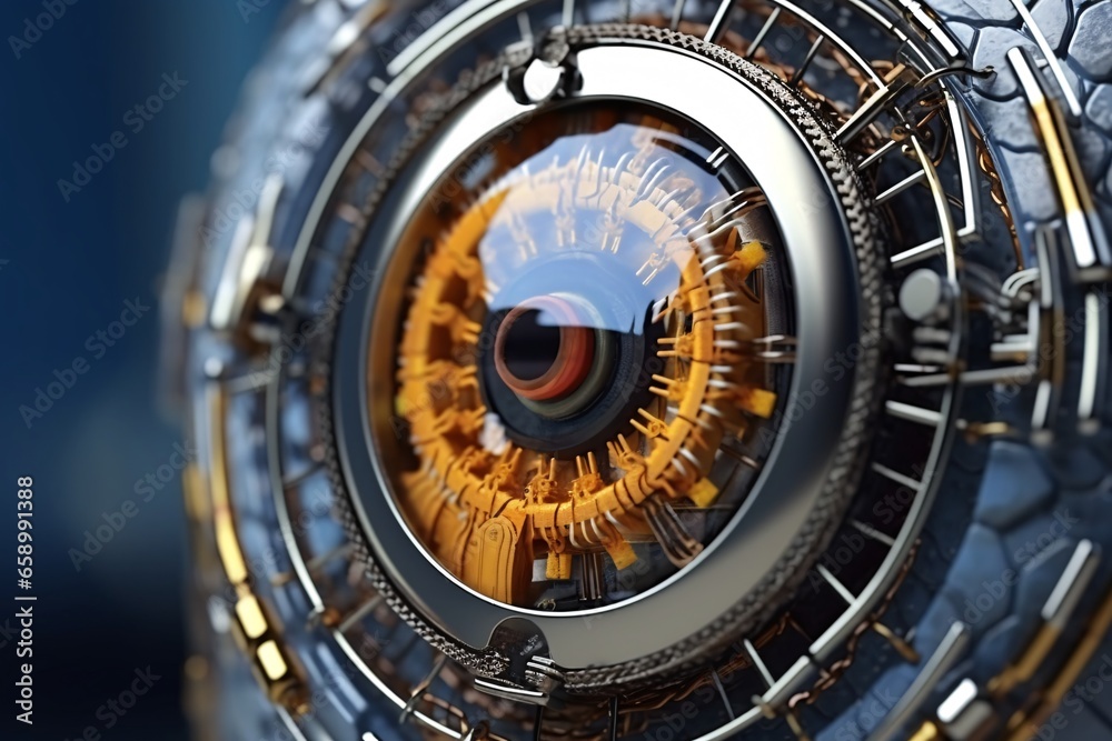 3D rendering of a robot's eye in a futuristic space. Close-up view of futuristic robot eye. Bionic prosthetic eye. Cybernetic technologies in prosthetics. 3D Rendering. 3D rendering of a robot's eye in a futuristic space. Close-up view of futuristic robot eye. Bionic prosthetic eye. Cybernetic technologies in prosthetics. 3D Rendering.
