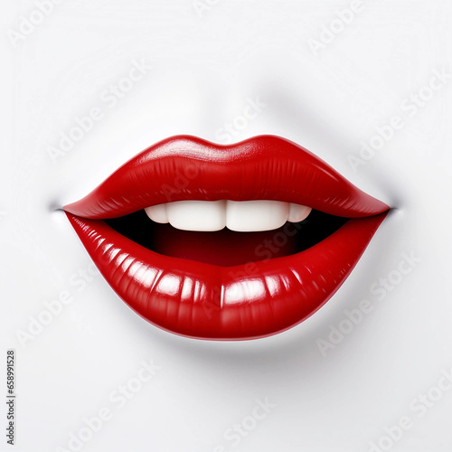 Isolated Parted Lips Coated in Red Lipstick on a White Background
