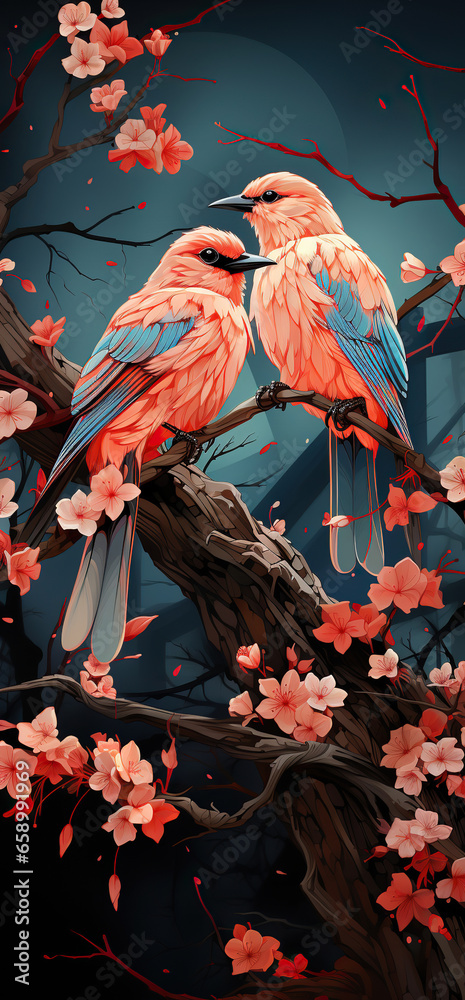 A Serene Moment: Two Birds Amidst Blossoming Flowers
