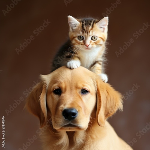 a little Cat sitting on a dog's head. Kitten and puppy together. Home pets. Animal care. Love and friendship. Domestic animals.