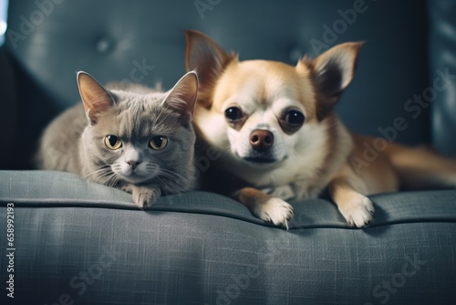 Chihuahua and cat lying together on a sofa at home.