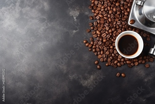 An engaging flat lay of scattered coffee beans and brewing equipment, set against an empty backdrop, providing an enchanting vignette for coffee lovers and connoisseurs.