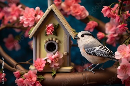 Fotobehang A young titmouse perches on a blooming tree in spring while a birdhouse decoration hangs nearby
