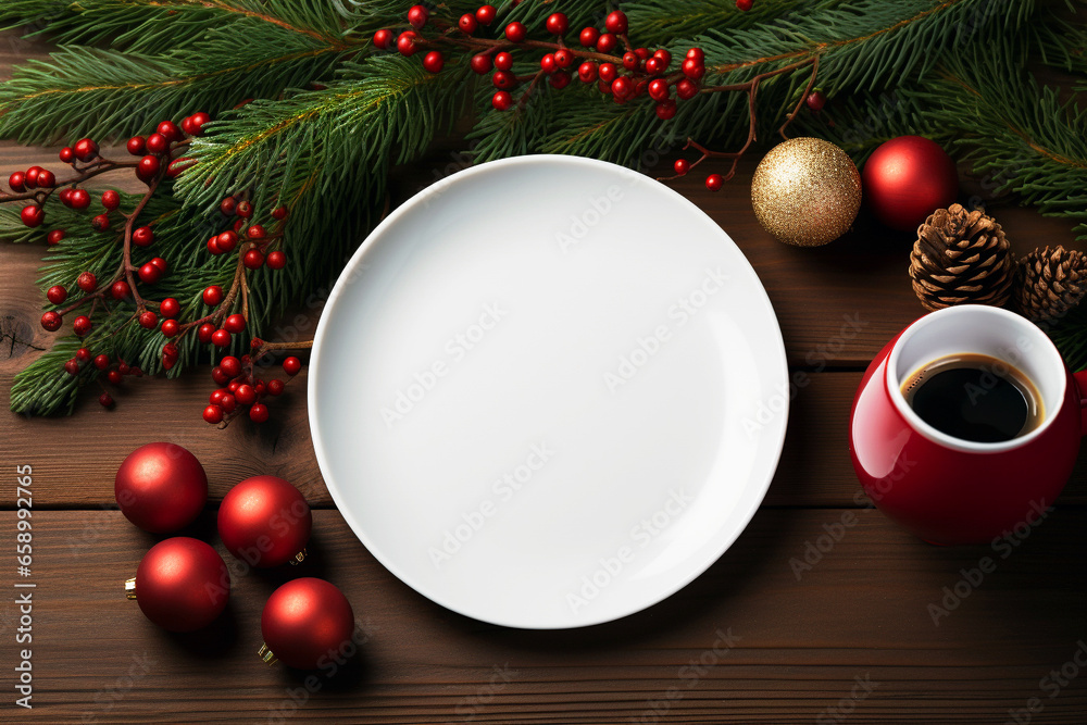 クリスマスのオーナメントと白い皿のフレーム背景