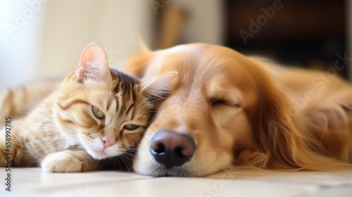 Cat and dog sleeping together. Kitten and golden retriever taking nap. Home pets. Animal care. Love and friendship. Domestic animals. photo