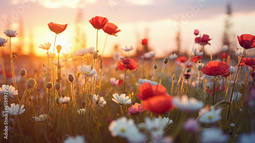 A sunset scene with a field of wildflowers in full bloom.