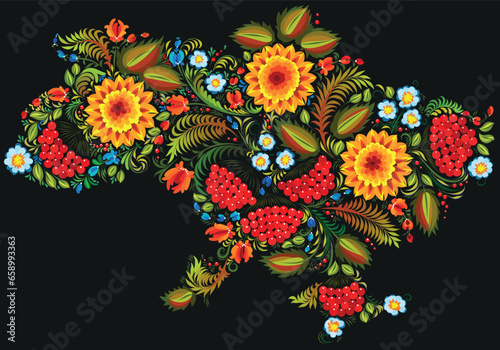 Petrikivka ukrainian art in silhouette of map Ukraine in vector