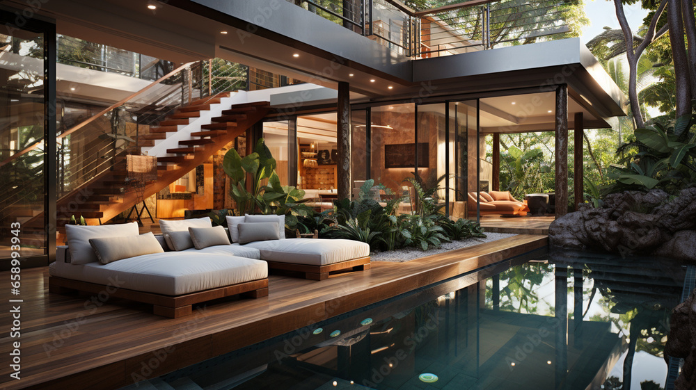 interior view of modern swimming pool with wooden house