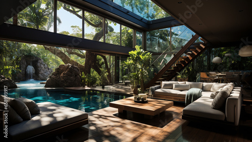 interior view of modern swimming pool with wooden house