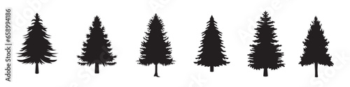 Christmas tree icon set. Vector illustration of pine silhouette isolated on transparent background. happy x mas 2023
