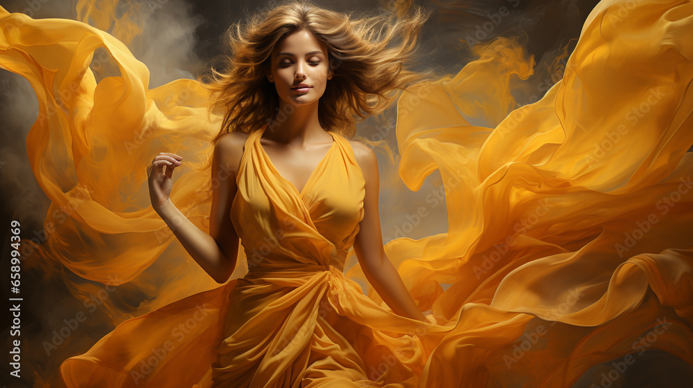 beautiful young woman with a golden cloth in the dark