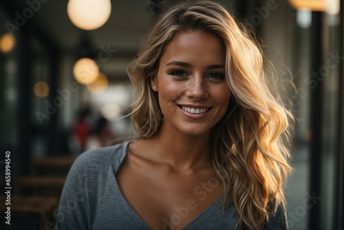 Portrait of a woman  young  beautiful blond hair and smiling  Beautiful young Swedish model. Generative AI.