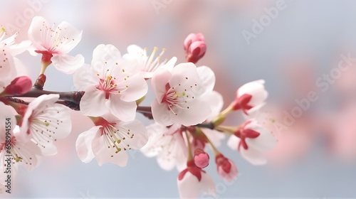 Branches of blossoming cherry blurry soft white background