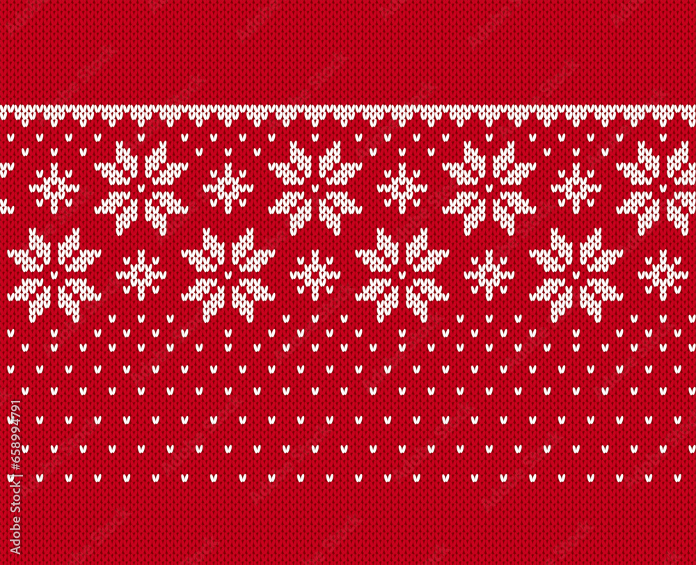Snowflakes on knit seamless pattern. Christmas red knitted texture with ornament border. Fair isle traditional ornament. Xmas print. Holiday background. Festive sweater. Vector illustration.