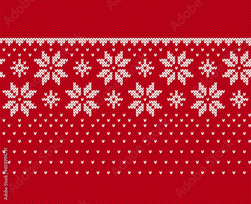 Snowflakes on knit seamless pattern. Christmas red knitted texture with ornament border. Fair isle traditional ornament. Xmas print. Holiday background. Festive sweater. Vector illustration.