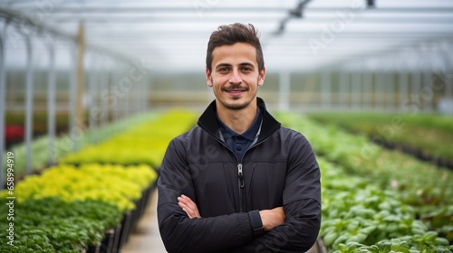 Portrait of cheerful bearded man in professional uniform standing in greenhouse © Kowit
