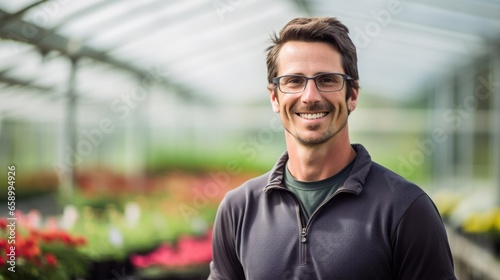 Portrait of cheerful bearded man in professional uniform standing in greenhouse photo