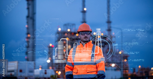 Double exposure Engineer wear safety uniform helmet and glass stand survey inspection site with double hologram industry to work with night lights oil refinery background.