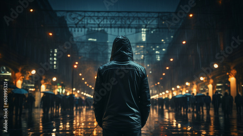 a man in a black jacket walks on the street at night