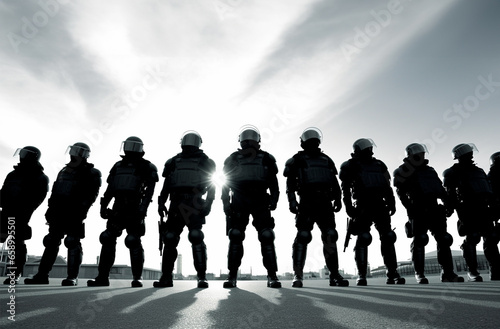 Special police unit SWAT team officer standing in a row. Masked Team of Armed SWAT Police Officers with Rifles are Posing After a Successful Office Building Siege. Soldiers Stand in a Row and Raise 