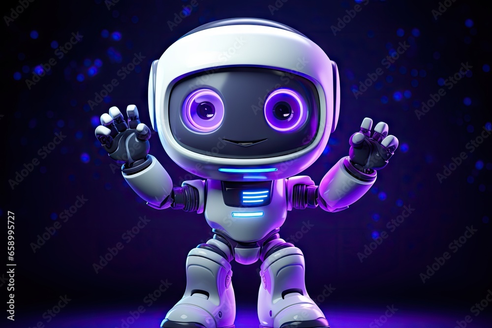 White cute robot with hands with blue light background. White cute robot with hands with blue light background.