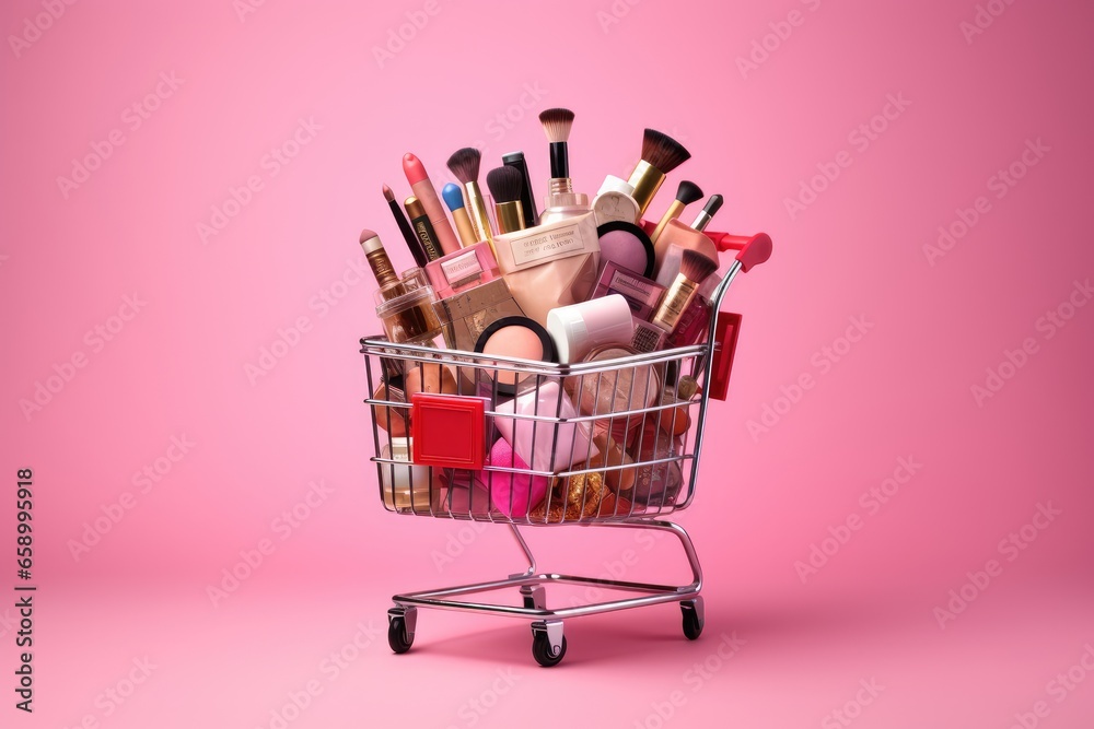 Shopping cart full of makeup products isolated on pink background. Copy space. - obrazy, fototapety, plakaty 