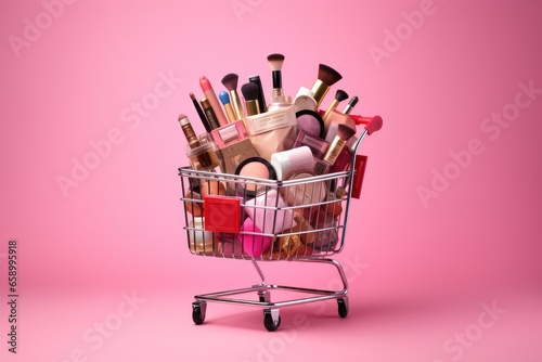Shopping cart full of makeup products isolated on pink background. Copy space.