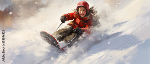 Close up of happy child, kid sledding from snowy mountain. Cartoon character. Winter leisure activity. Generative ai