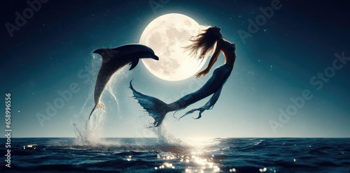 mermaid and dolphin silhouette jumping out of the water. back lit by a full moon. water ocean sea surface. vast ocean. long hair. water splash. moon reflection on the water. Sea Nymph, siren. photo