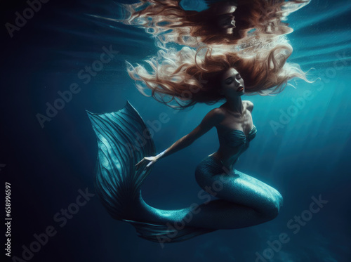 pretty mermaid underwater. princess or queen of the ocean sea. brown hair, red hair, long tail. prettiest mermaid goddess. water bubbles. blue ocean.  photo